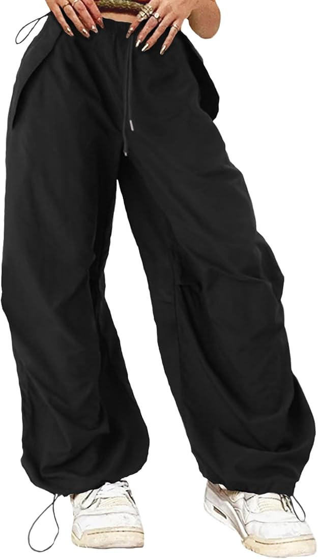 ONIRIKE Women's Parachute Pants Drawstring Elastic Waist Sweatpants Loose Baggy Y2K Cargo Pants T... | Amazon (US)