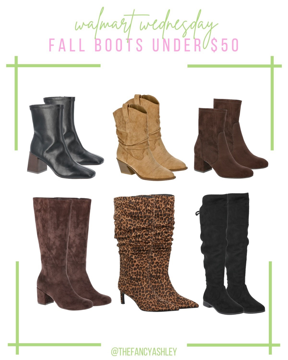 Walmart Wednesday - fall boots under $50! Walmart has the cutest fall boots and they're all under $50!! Fall staple that goes with everything from jeans to dresses and skirts. Love love love the leopard print knee high boot - so good with literally any fall outfit! Perfect time to grab a pair (or two) for your fall wardrobe. Run, don't walk! Fall boots | knee high boots | booties | leopard boots | fall footwear | western boots | affordable boots | boot season | fall shoes | Walmart fashion

#LTKShoeCrush #LTKFindsUnder50 #LTKSeasonal