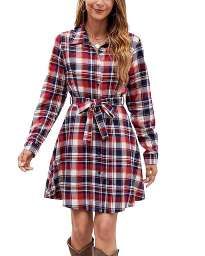 Women's Plaid Mini Dress Collared Long Sleeve Button Down Shirt Short Dress with Belt Christmas Tartan Dress | Amazon (US)