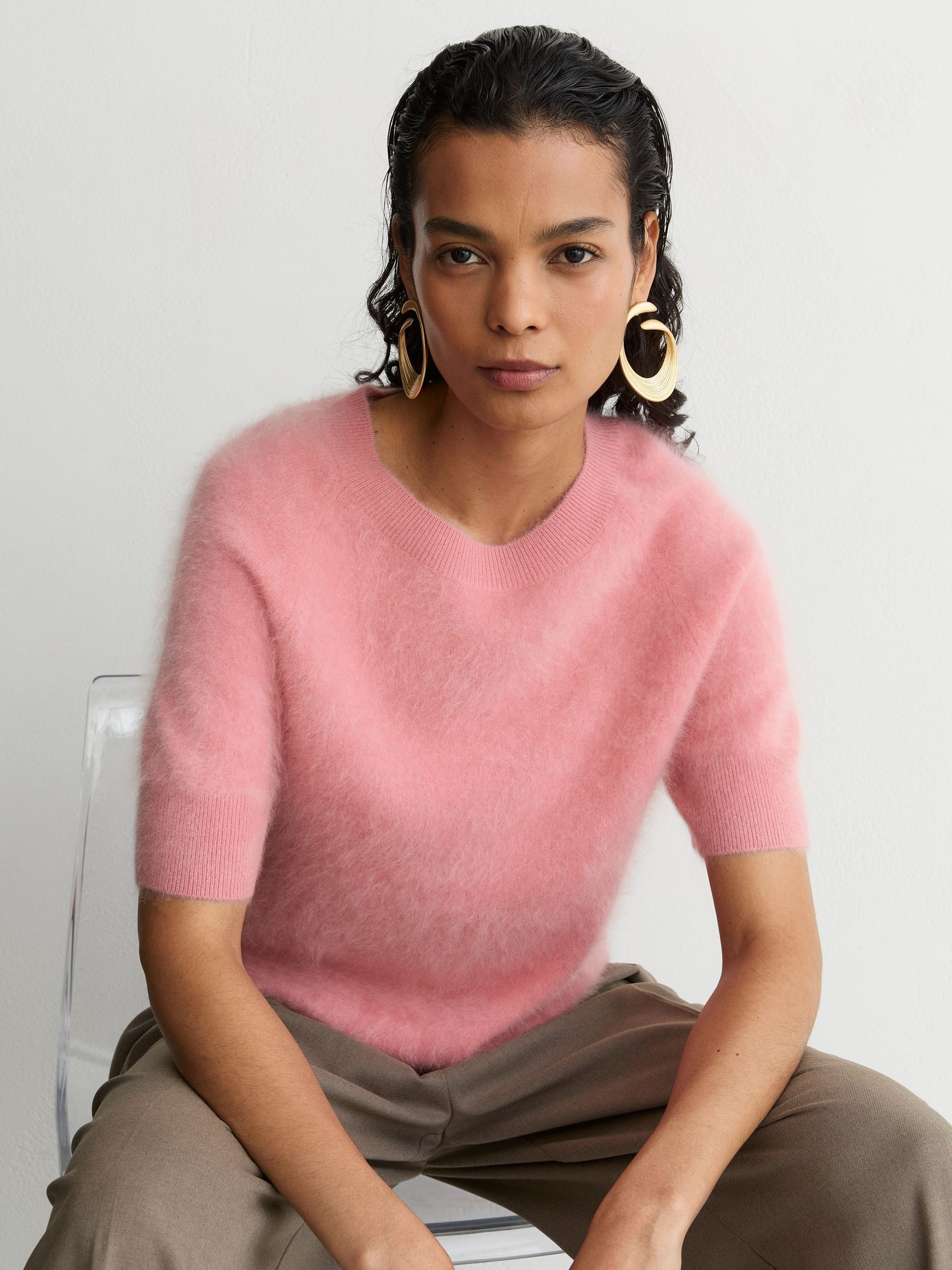 Reiss 100% Brushed Cashmere Short-Sleeve Top in Pink - REISS | Reiss UK