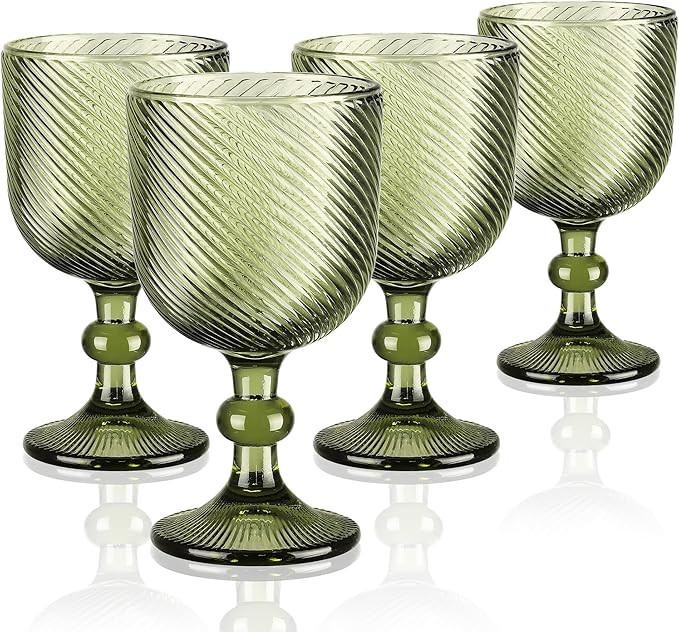 Joeyan Vintage Colored Glass Goblet,Green Ribbed Embossed Wine Glasses Water Drinking Glasses,Ste... | Amazon (US)