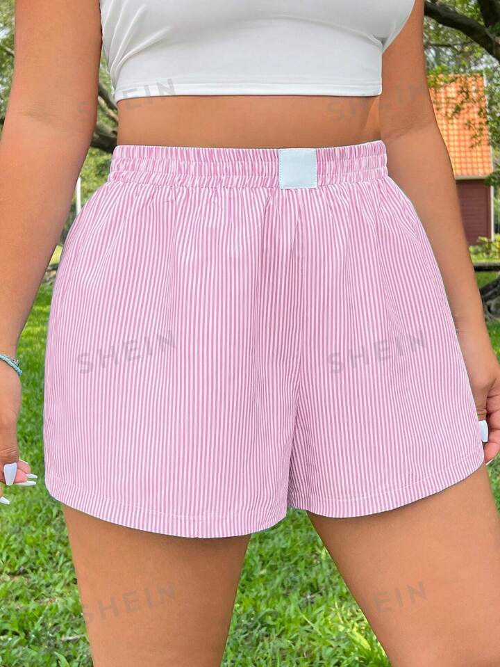 SHEIN EZwear Plus Size Vacation Blue & White Striped Casual Shorts | SHEIN