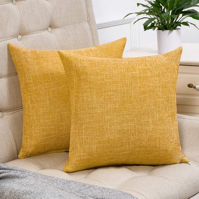 Anickal Set of 2 Mustard Yellow Pillow Covers Rustic Linen Decorative Square Throw Pillow Covers ... | Amazon (US)