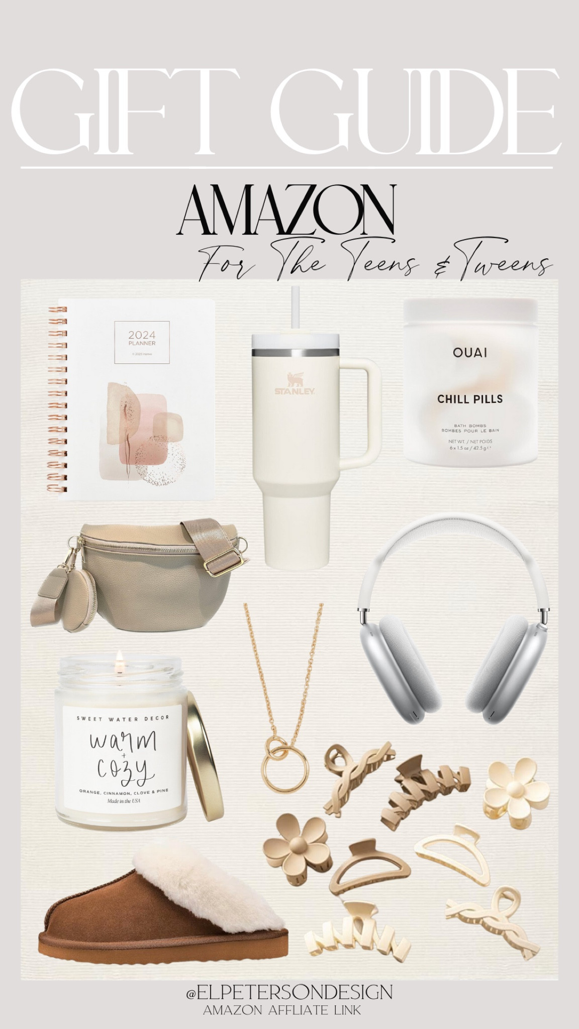 Belt bag
Stanley cup
Planner
Claw clip
Necklace
Candle
Apple AirPod headphones
Bath bomb
Slippers 

#LTKGiftGuide