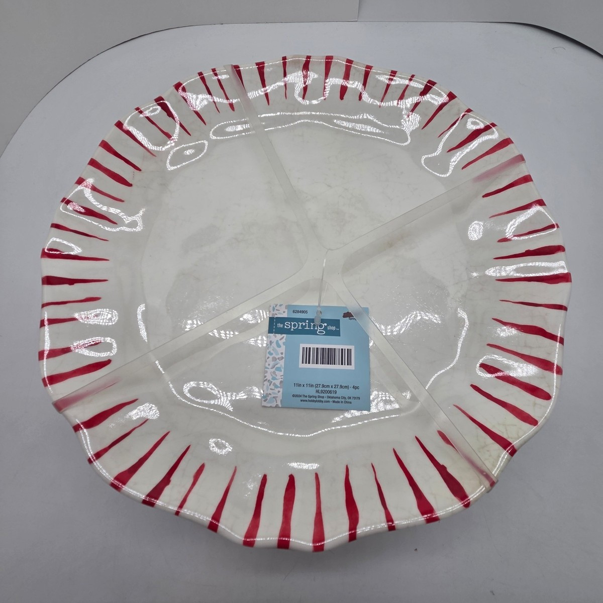 Hobby Lobby 4 Red Rimmed Striped Scalloped Dinner Plates Melamine 11" - 3 Sets | eBay US