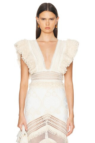 PatBO Woven Trim Plunge Bodysuit in Wheat | FWRD | FWRD 