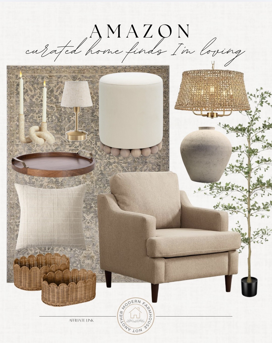 Curated home finds from Amazon include faux tree, accent chair, vase, chandelier, ottoman, table lamp, candelabra, tray, throw pillow, and baskets.

Home decor, neutral home decor, neutral home, looks for less

#LTKSaleAlert #LTKHome #LTKSeasonal