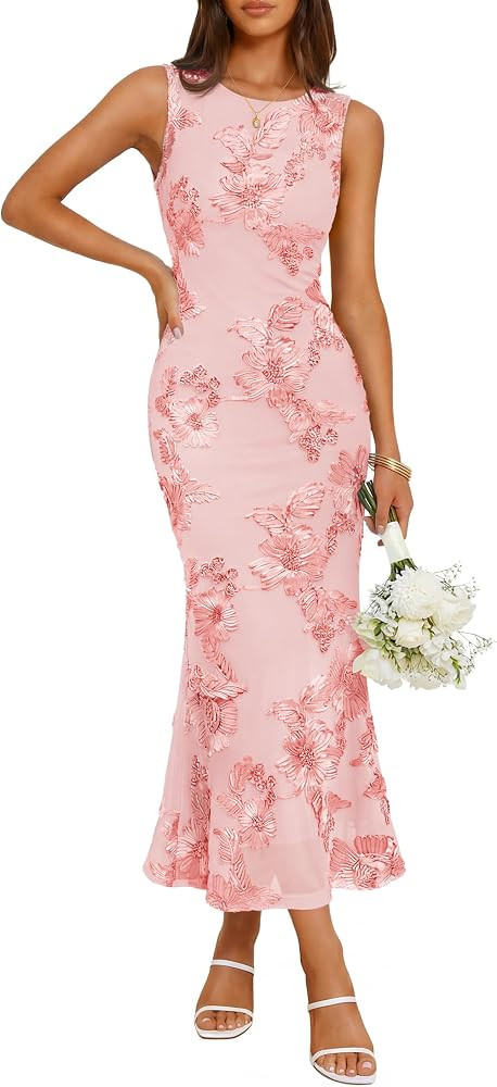 ZESICA Women's Floral Mesh Slit Bodycon Wedding Guest Cocktail Midi Dress | Amazon (US)