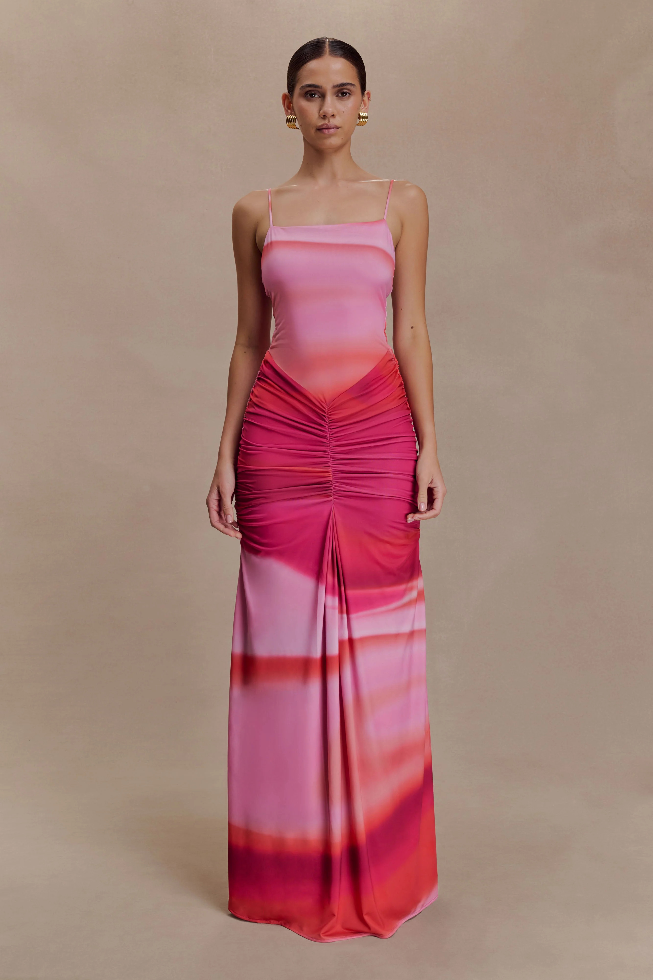 Roisin Slinky Maxi Dress - Pink Sunset Print | MESHKI US