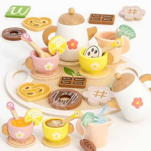 Wooden Tea Set for Toddlers 3-5 20PCS Tea Party Set with Storage Bag Kids Play Tea Set for 3 Year... | Amazon (US)