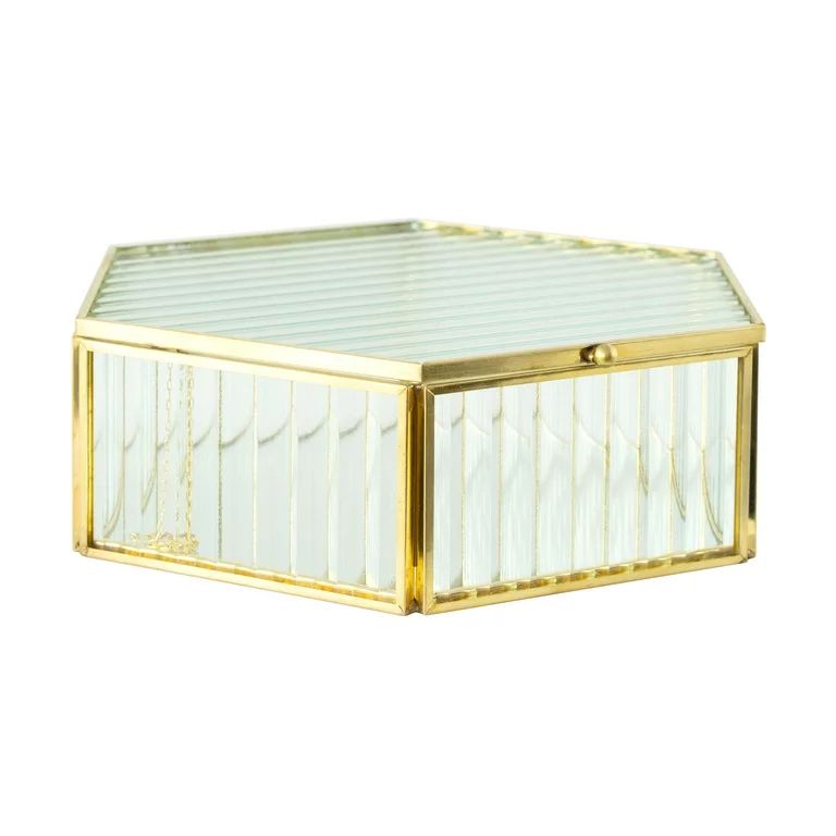 Hexagon Ribbed Clear Glass and Brass Hinged Top Jewelry Box - Walmart.com | Walmart (US)