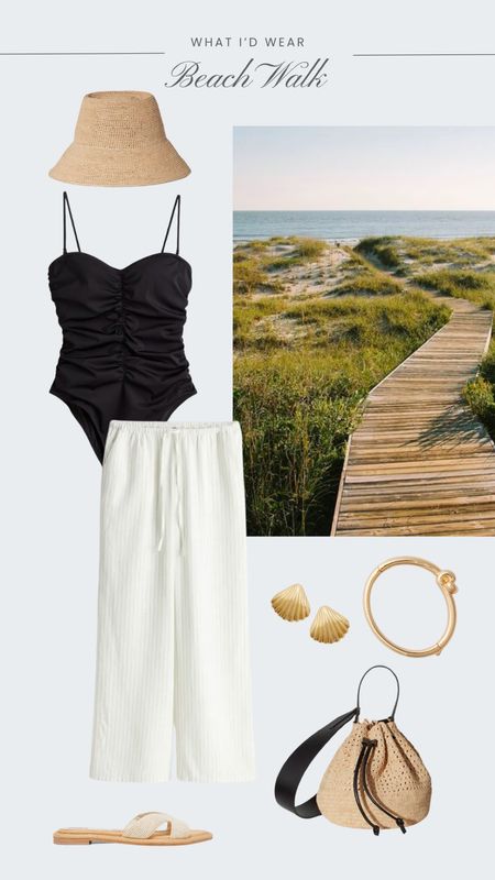 Beach outfit, summer outfit idea 🌤️ black swimsuit, linen pants, shell earrings 

#LTKSeasonal
