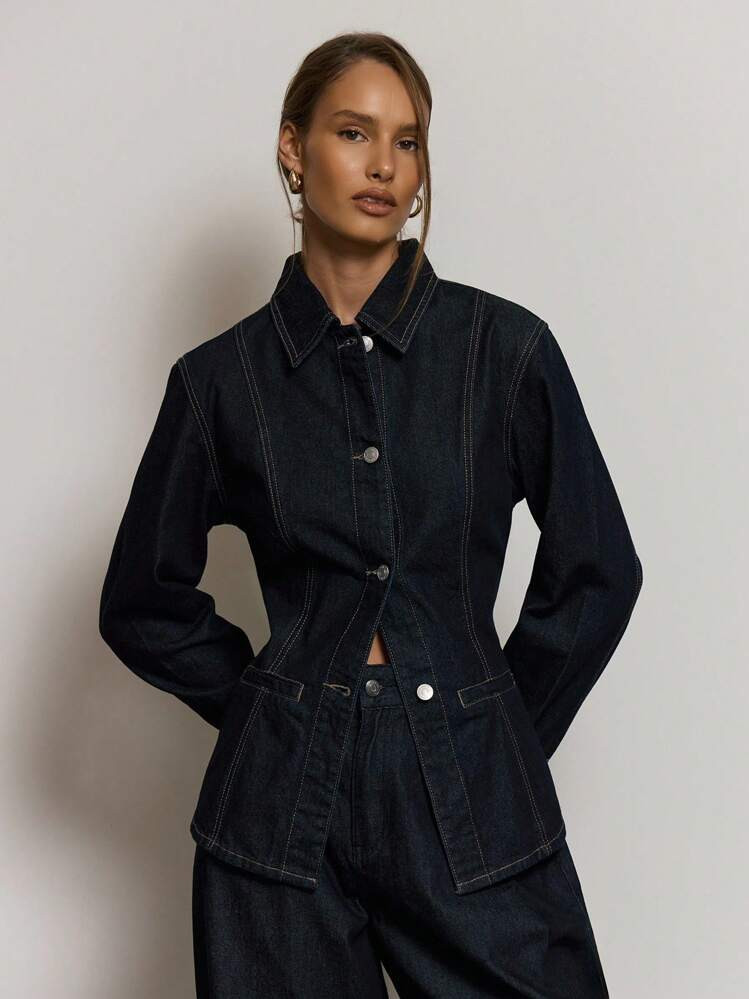 MUSERA Fitted Longsleeve Collar Denim Jacket Summer Holiday Vacation Casual Cute Elegant Cool Girl Office Top For Women, Office Wear Women Fall Autumn Winter Everyday Christmas | SHEIN