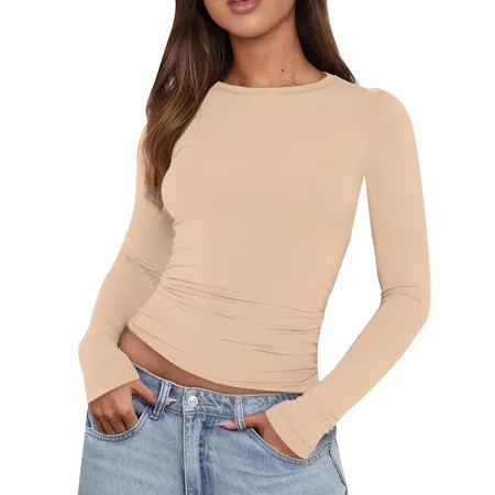 Beugl Womens Summer Tops Clearance Women s Casual Long Sleeve Round Neck Slim Fit Bottom Sweater 2024 Basic Shirts for Outdoor Ribbed Top Going Out Tops Shirts for Women Beige XL | Walmart (US)