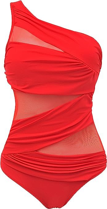 Runtlly Women's One Piece Swimsuits One Shoulder Plus Size Swimwear Bathing Suit with See Through... | Amazon (US)