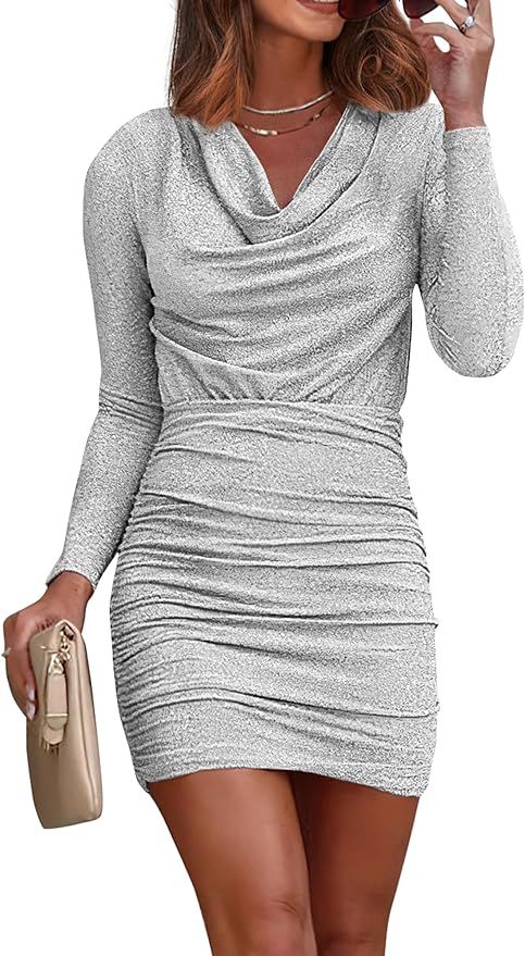 PRETTYGARDEN Women's Fall Bodycon Mini Dress Sparkly Long Sleeve Cowl Neck Ruched Short Club Cock... | Amazon (US)