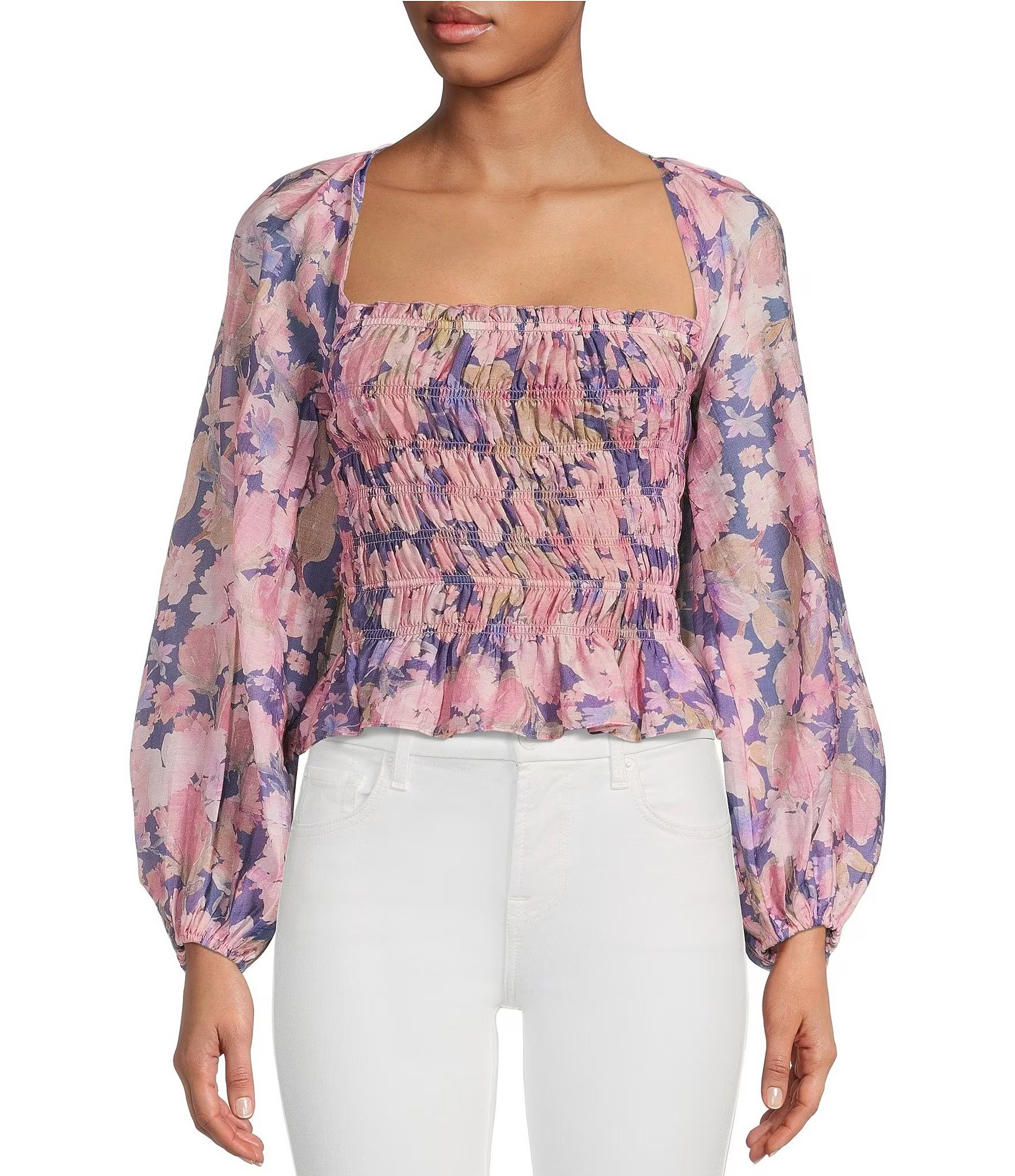 Nicollette Floral Print Square Neck Long Sleeve Smocked Top | Dillard's