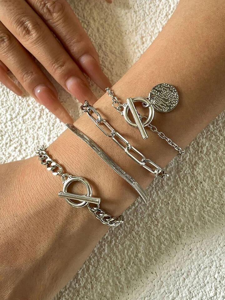 4pcs/set Punk Metallic Style Hollow Out Link & Round Plate Pendant Bracelet | SHEIN