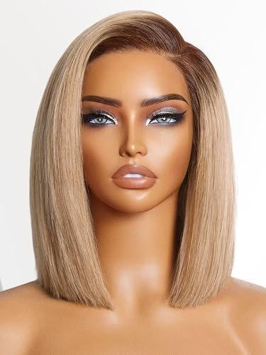 LUVME HAIR 10 Inch Ash Blonde Blunt Cut Bob Wig Human Hair Pre Cut Glueless HD Lace Closure Wig Mature Boss Side Parted Ombre Straight Short Wig | Amazon (US)