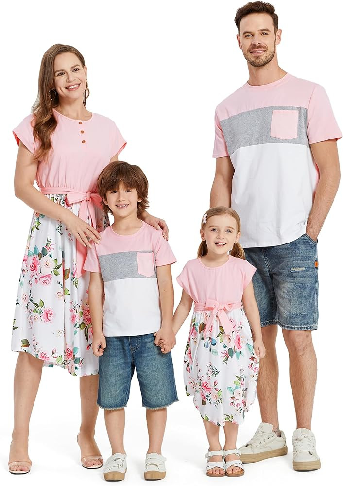 PATPAT Family Matching Outfits Short Sleeve Belted Spliced Pattern Print Dresses and Casual T-Shi... | Amazon (US)
