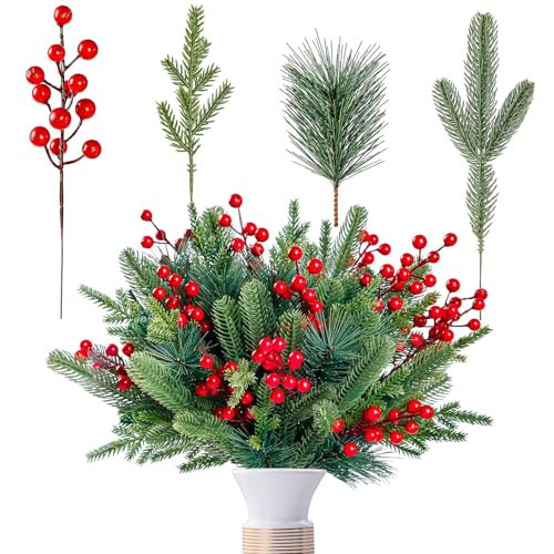 60 Pcs Christmas Artificial Pine Branches with Red Berry Stems, 11.4 inch Faux Plastic Greenery Pine Sprigs 8.7 inch Red Berries Pine Picks for DIY Garland Wreath Crafts Christmas Tree Home Decor | Amazon (US)