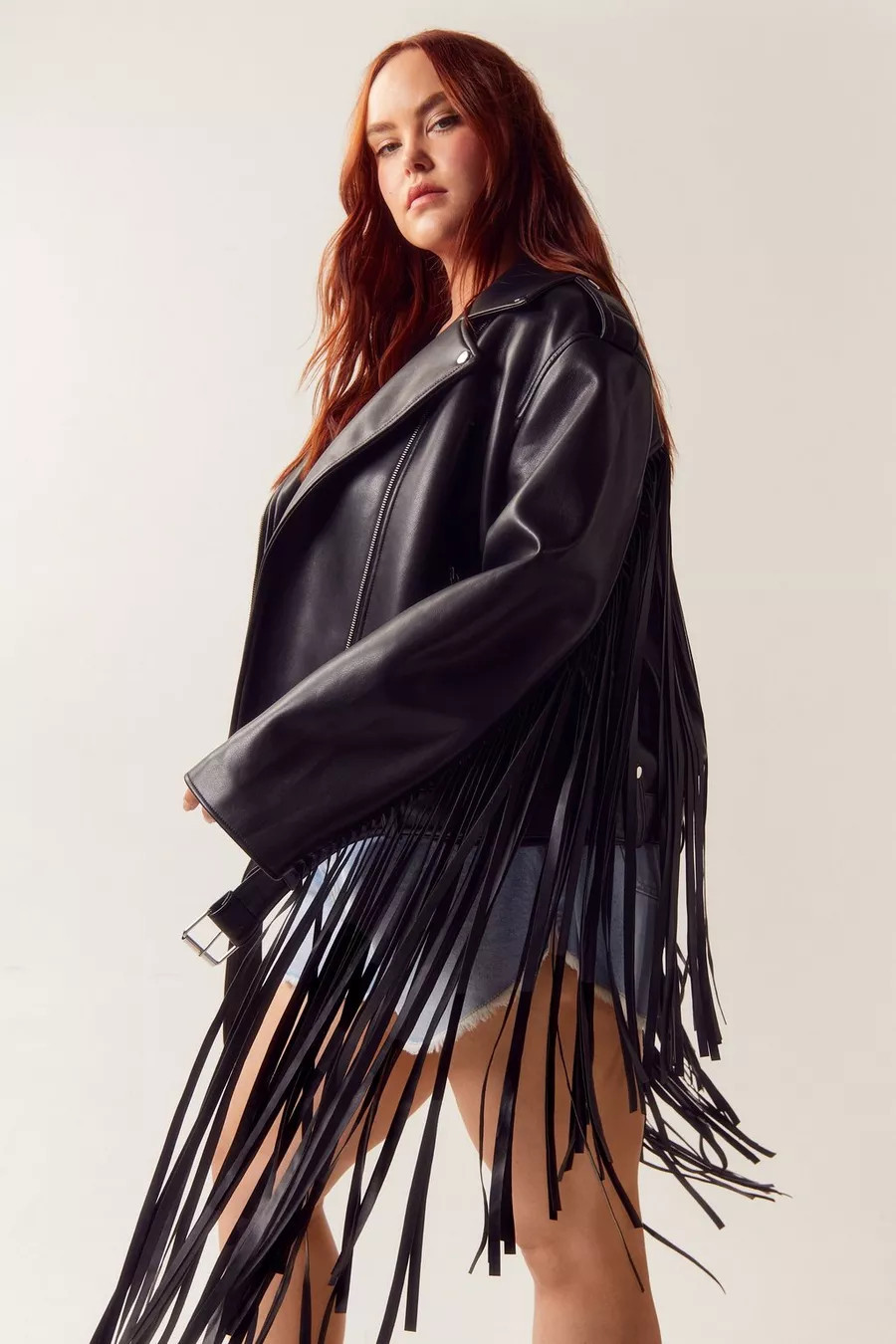 Plus Size Faux Leather Fringe Back Biker Jacket | Nasty Gal US