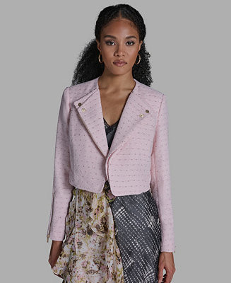 BCBG Women's Crewneck Textured Cropped Moto Jacket - Macy's | Macy's