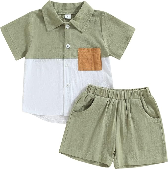fhutpw Toddler Boy Patchwork Summer Outfits Short Sleeve Button Down Shirt Tops & Casual Shorts S... | Amazon (US)