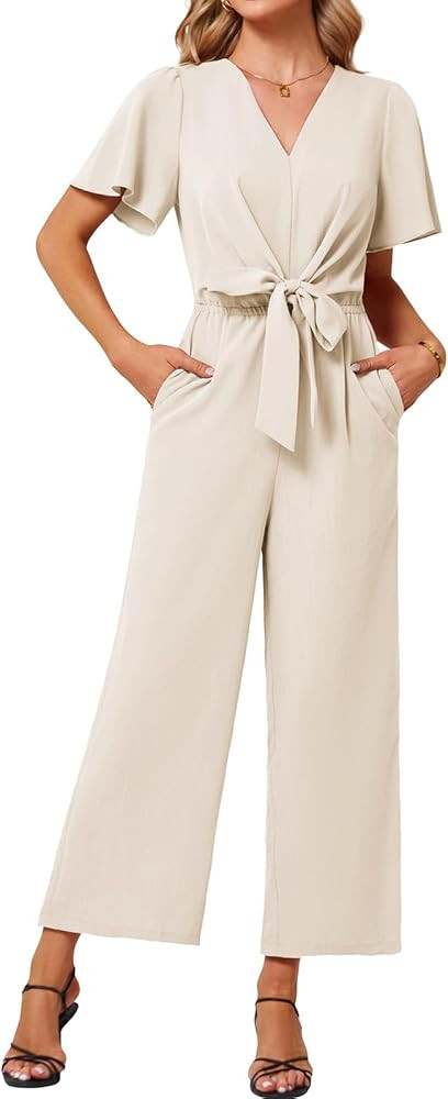 JASAMBAC Women's 2024 Summer Wide Leg Jumpsuits Casual Dressy One Piece Outfits V Neck High Waist... | Amazon (US)