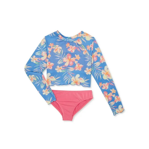 Wonder Nation Girl's Long Sleeve Rib Rashguard Swimsuit, 2-Piece, Sizes 4-18 & Plus | Walmart (US)