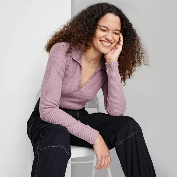 Women's Long Sleeve Cozy Rib Tiny Polo T-Shirt - Wild Fable™ | Target