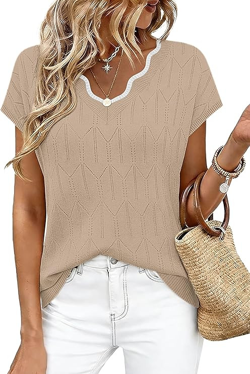 WIHOLL Womens Tops Summer Short Sleeve Sweater V Neck Shirts Beach Vacation Clothes Business Casu... | Amazon (US)