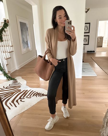 Kat Jamieson wears an easy everyday outfit. Causal style, neutrals, bodysuit, cashmere cardigan sweater, sneakers, Veja, tote, jeans, denim. 

#LTKitbag #LTKSeasonal #LTKshoecrush