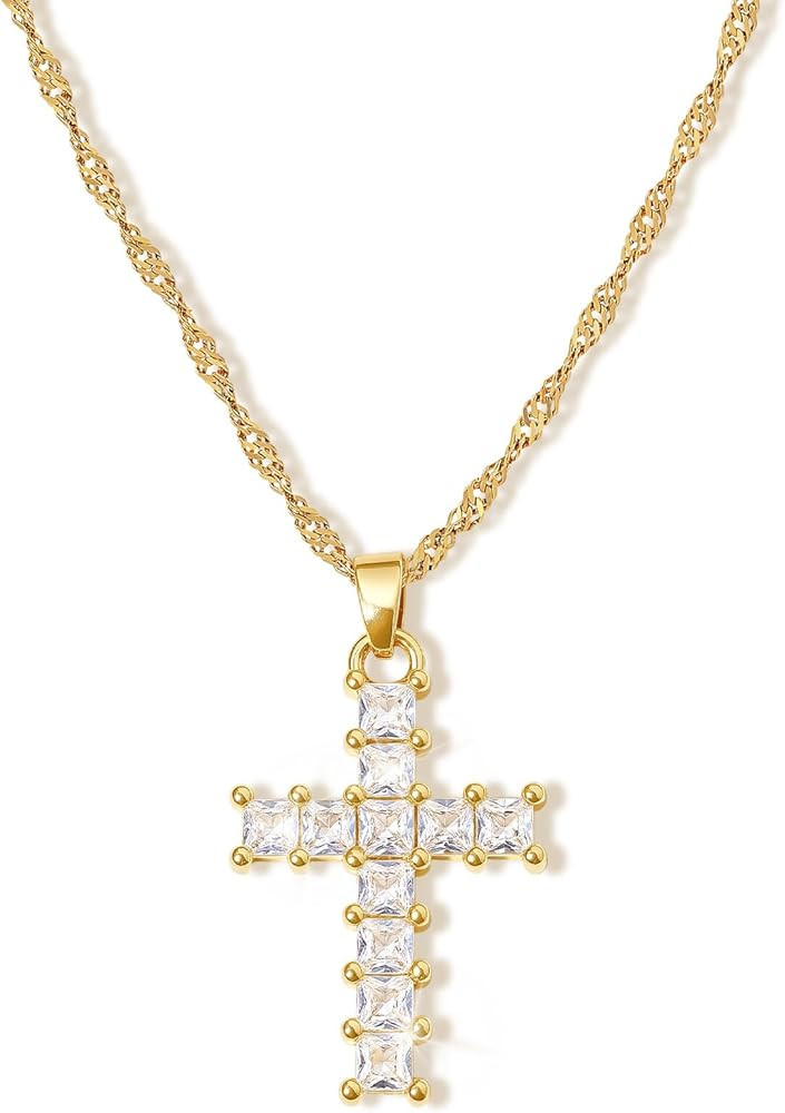 Cross Necklace for Women, 18k Gold Silver Plated Pendant Necklace, Cubic Zirconia Gold Cross Pend... | Amazon (US)