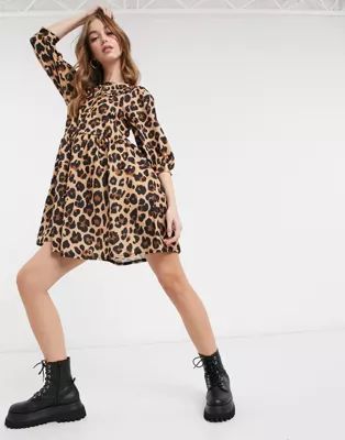 ASOS DESIGN mini smock dress with frill collar in all over leopard print | ASOS (Global)