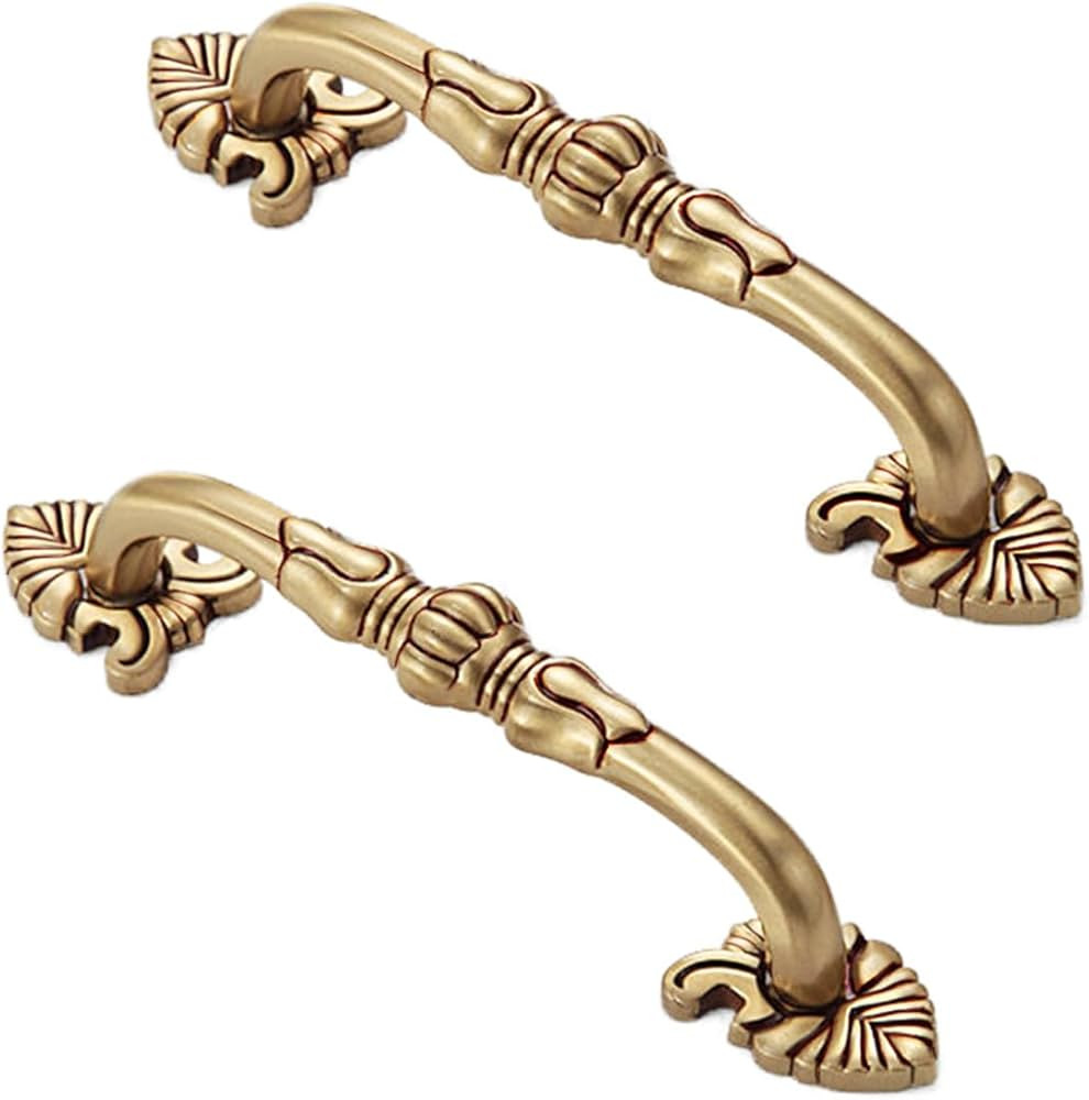 2 Pack 3-3/4” Brass Cabinet Pulls Antique Floral Pattern Cupboard Handle Drawer Pulls Solid Bra... | Amazon (US)