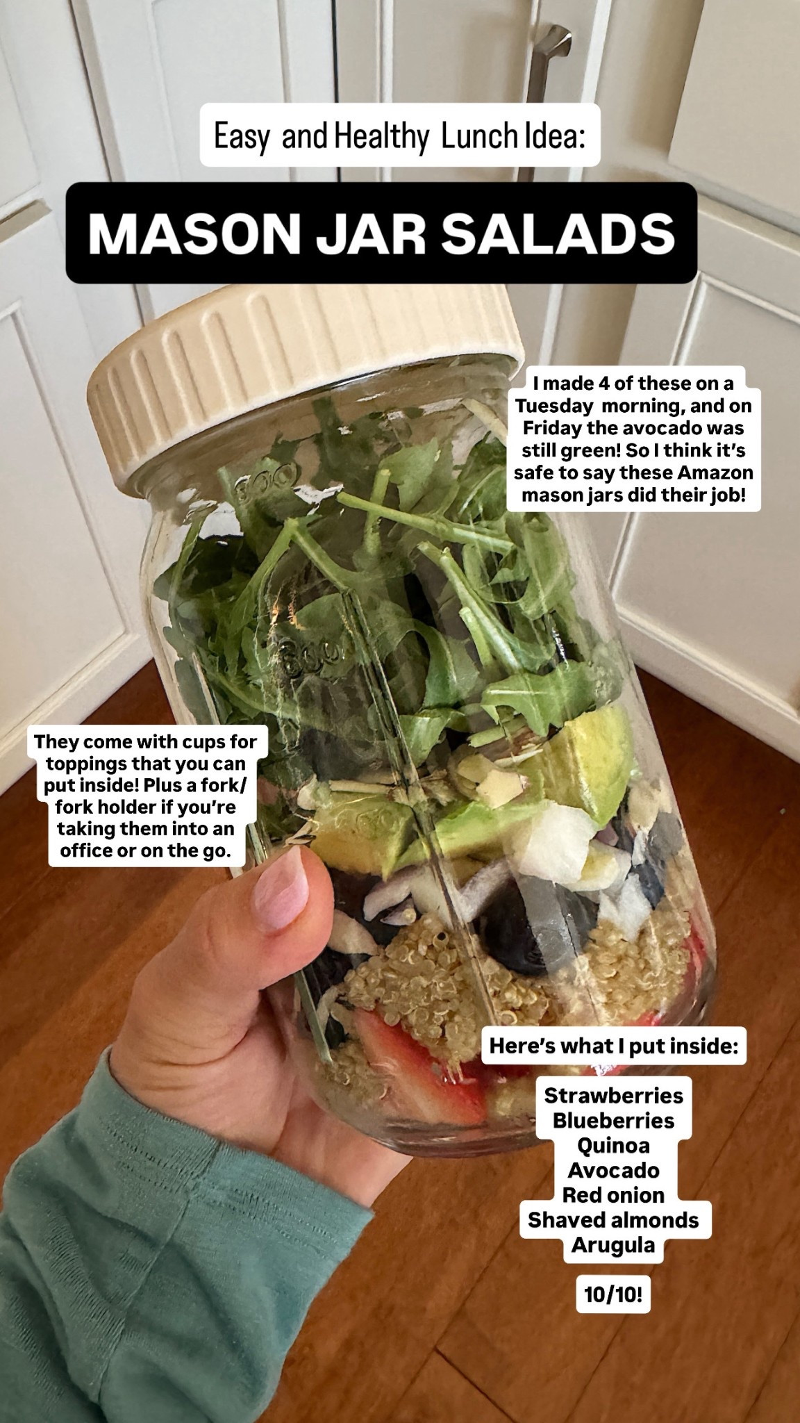 It’s summer salad season, and these Amazon mason jars make amazing meal prep containers!! I made 4 of these berry salads on a Tuesday morning, and on Friday the avocado was still green!! Linking here if you want to prep some quick, easy, and DELICIOUS salads this summer. You can use them for things like overnight oats, too! Click to shop. 

#LTKfoodie #LTKfitnessgoals #LTKmomlife