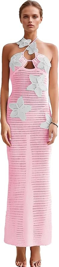 RanRui Women's Halter 3D Flower Knitted Hollow Out Beach Dress balckless Open Back Swimsuit Cover... | Amazon (US)