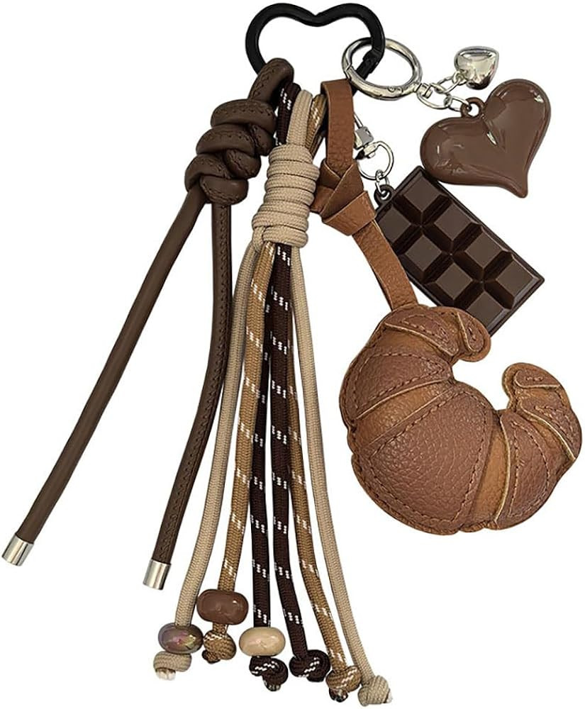YONGYAN Leather Croissant Keychain with Chocolate Bar Charm, Brown and Beige Braided Straps Car Keyring Purses & Backpack Accessories for Women at Amazon Women\u2019s Clothing store | Amazon (US)