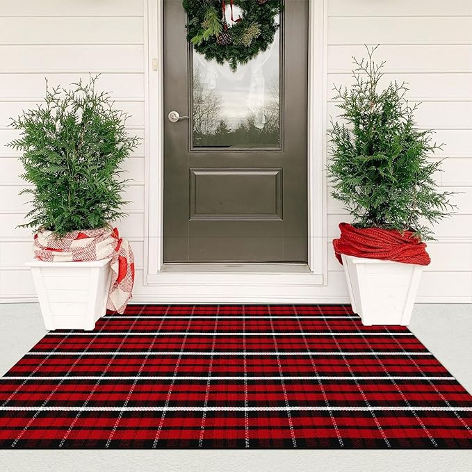 KIMODE Christmas Door Mat Outdoor 35"x59",Red and Black Buffalo Plaid Rug,Washable Cotton Hand-Wo... | Amazon (US)
