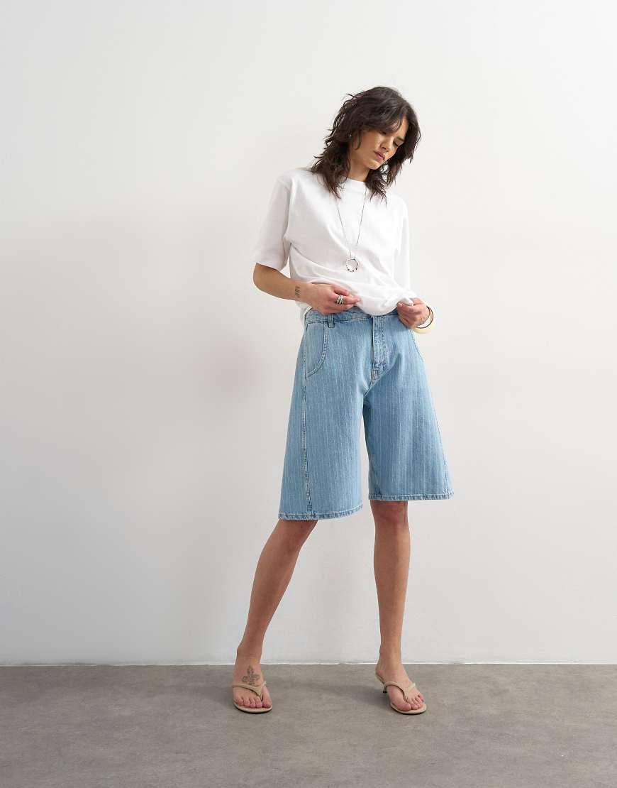 Topshop denim barrel jort in bleach stripe-Blue | Topshop