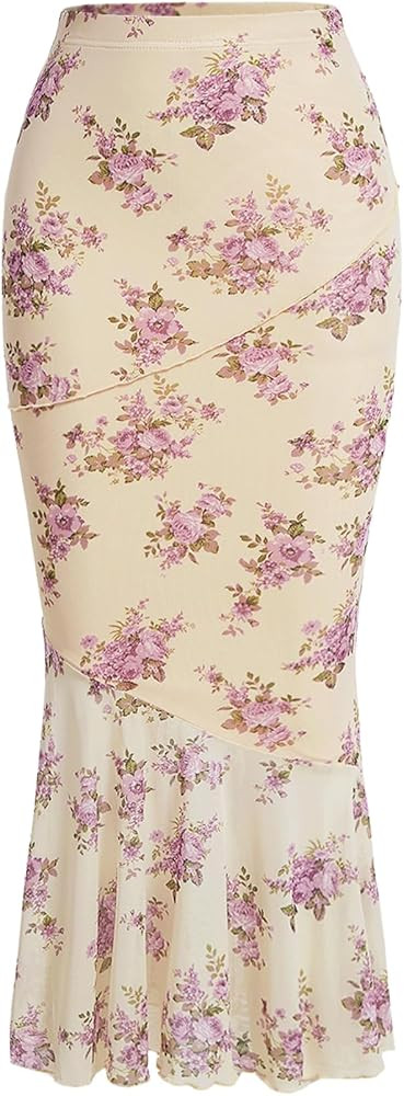 Verdusa Women's Floral Print High Waist Bodycon Ruffle Hem Fishtail Long Skirt | Amazon (US)