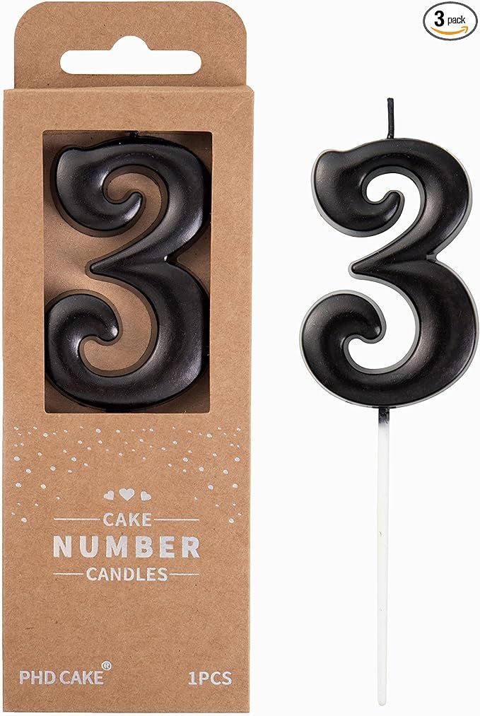 PHD CAKE 2.76 Inch Elegant Black 3 Number Birthday Candles, Black Number Candles, Cake Number Can... | Amazon (US)