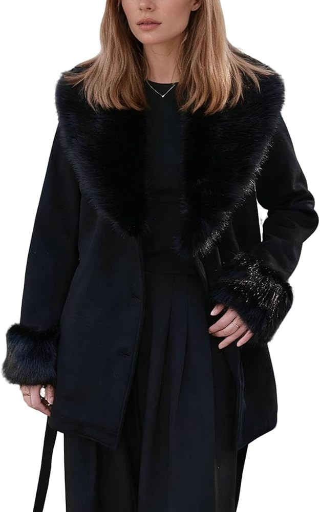 Women Fur Trench Coat Notched Lapel Single Breasted Jacket Warm Long Fall Winter Overcoat With Fu... | Amazon (US)