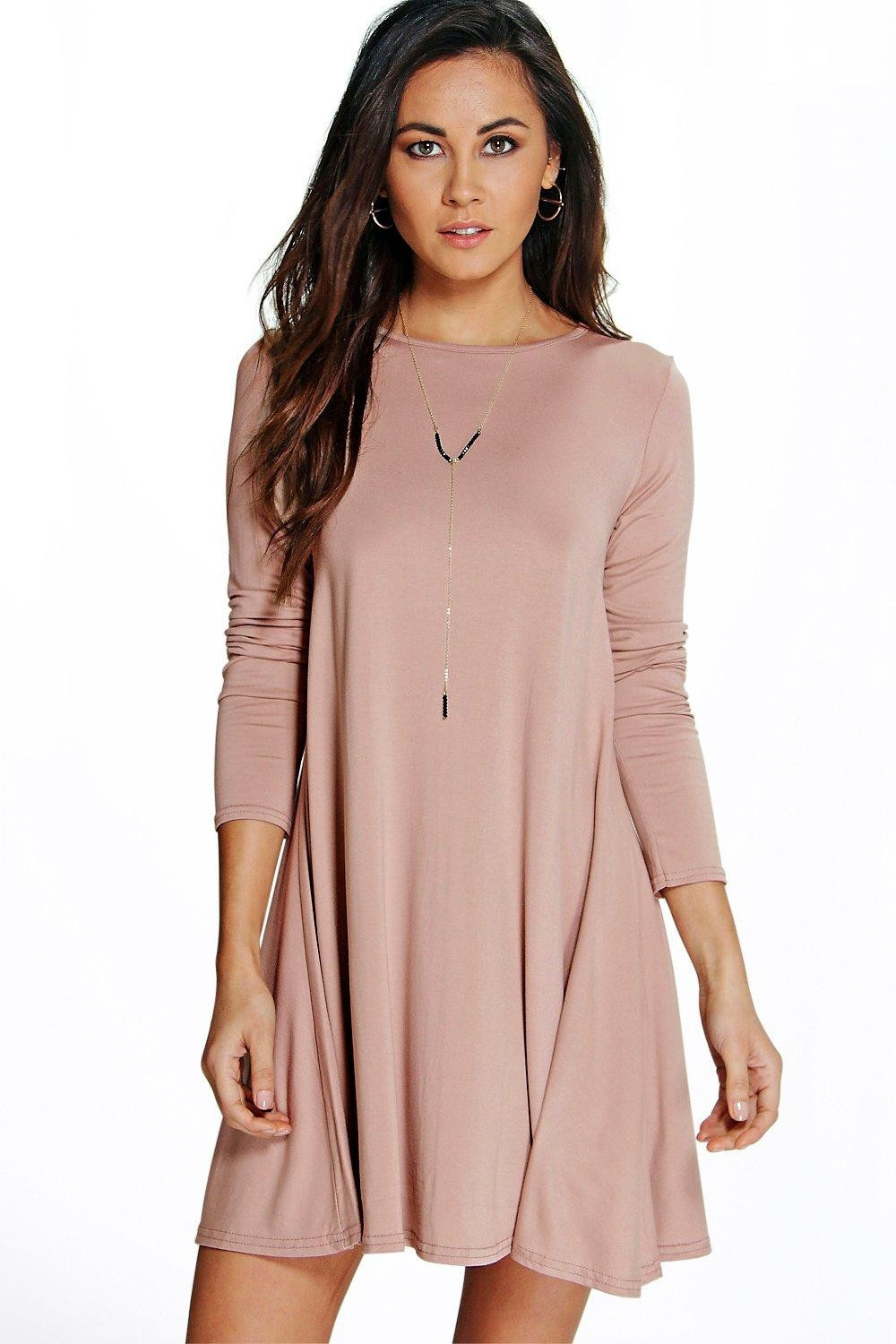 April Scoop Neck Long Sleeve Swing Dress | Boohoo.com (US & CA)