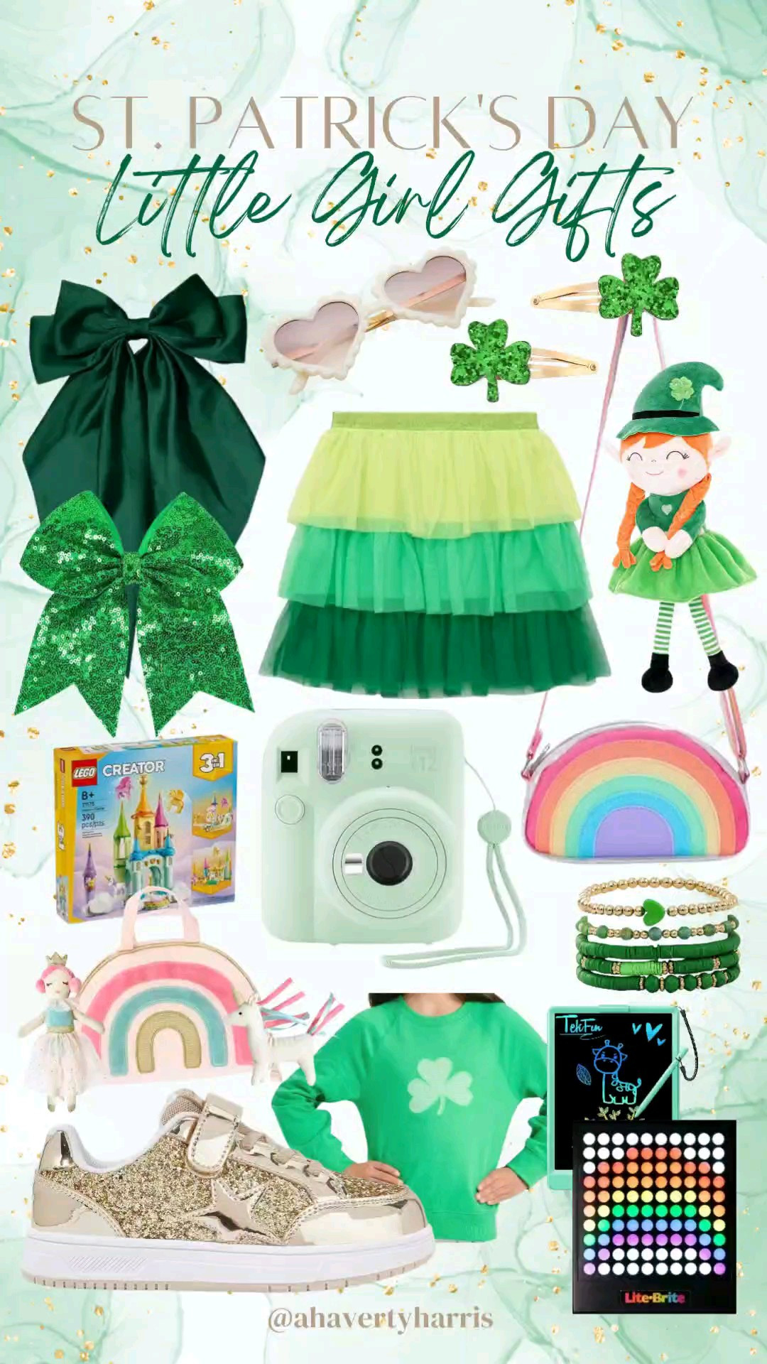 St. Patrick's Day Little Girl Gift Guide - I love to put together holidays baskets for my girls the first of each month so they can celebrate St. Patty's for a couple of weeks! Girls bows, tutu skirt, rainbow purse, lego,  instant camera, gold sneakers,  girls sneakers, lucky basket, rainbow Lego, unicorn, girls Lego

#LTKmomlife #LTKKids