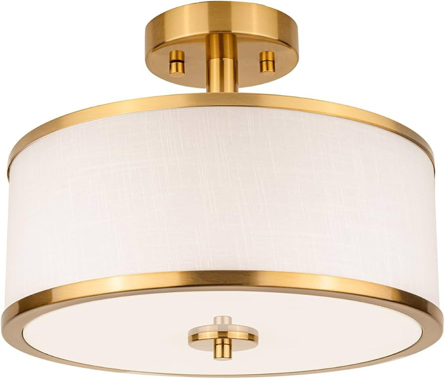 3-Light Semi Flush Mount Ceiling Light Fixture, 12.6" Gold Drum Light with White Fabric Shade, Mo... | Amazon (US)