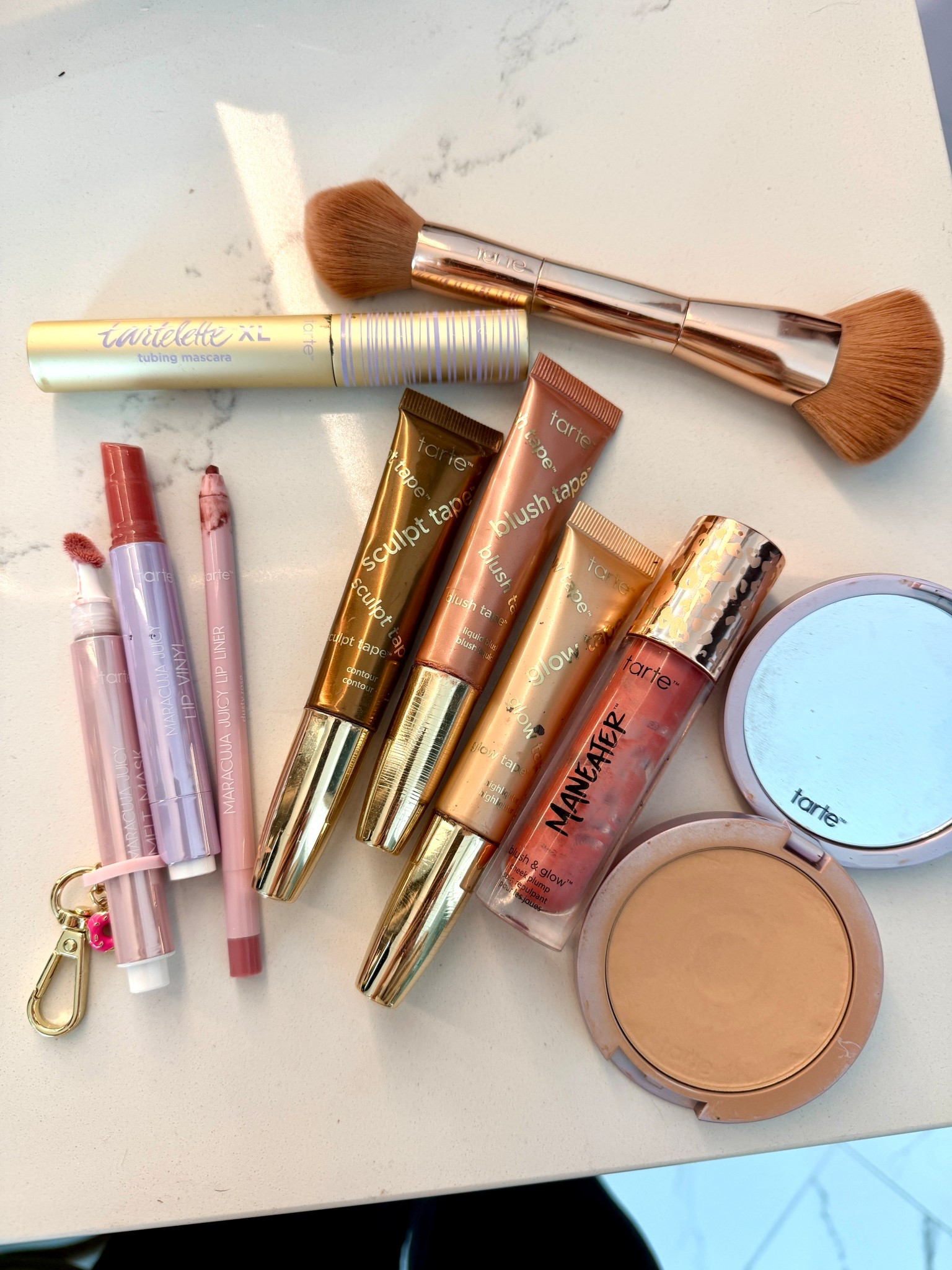 Tarte sale! Use code: WIFEONADIME ON ANYTHING THATS NOT ON SALE TOO! Sculpt tape: cool bronze 
Blush tape: peach
Glow tape: golden glow
Blush and glow: coral
Powder: light med neutral 
Liner: dusty rose


#LTKmorningroutine #LTKBeauty