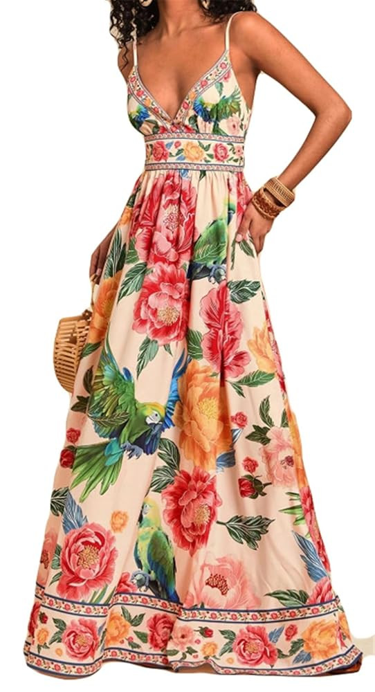 Qikaka Women's Sleeveless Deep V Neck Floral Printed Bodycon Sexy Nightclub Party Vacation Dress | Amazon (US)