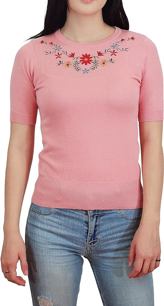 YEMAK Women's Knit Sweater Top – Half Sleeve Crewneck Basic Casual Classic Fit Lightweight Knit... | Amazon (US)